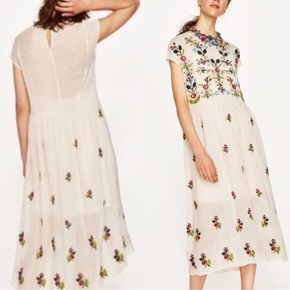 ZARA Plumetis Flower Embroidered Swiss Dot Beige Midi Dress Sz S